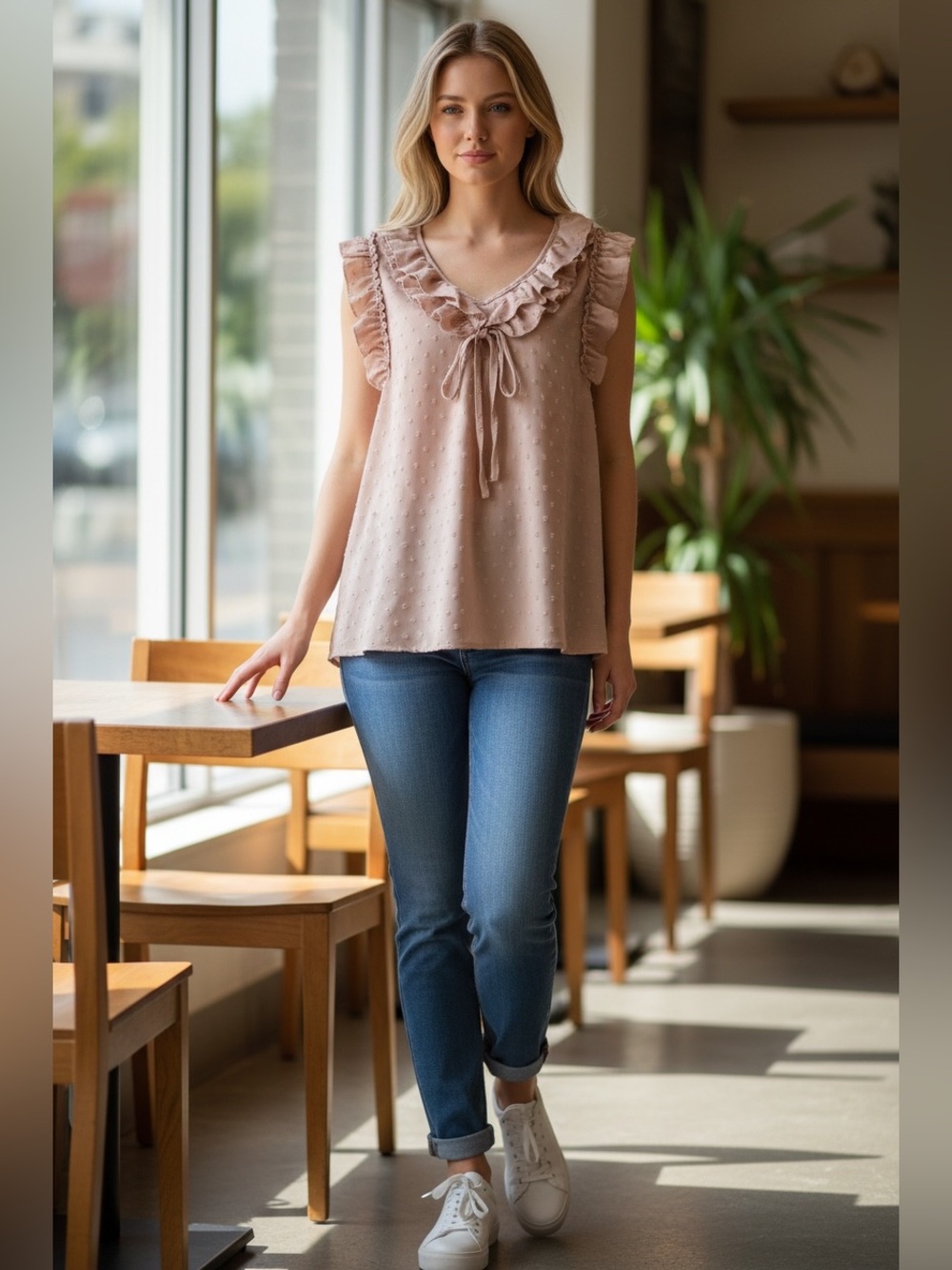 SHEIN Blush Pink Ruffle Tie-Front Swiss Dot Camisole